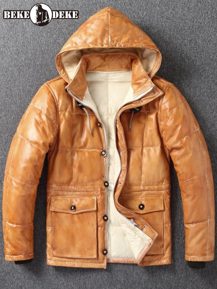 Leather Work Jacket With Hood - Winter heren schapenvacht echt leer donsjack