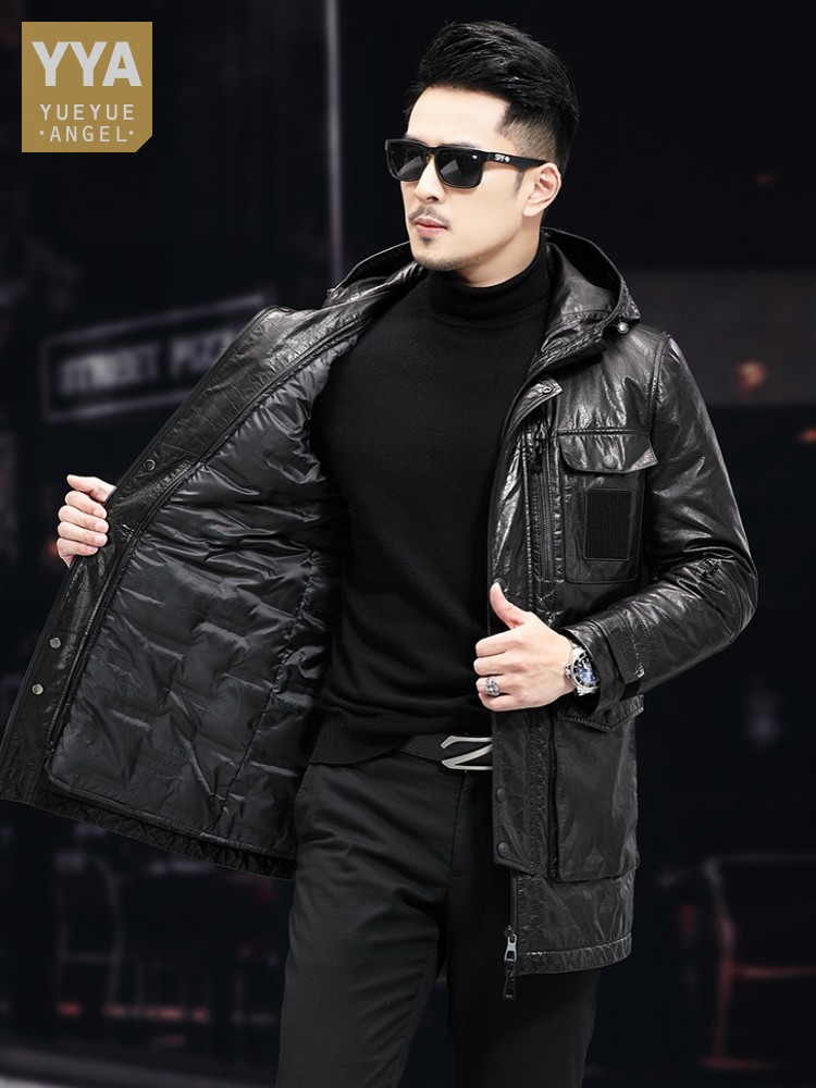 Leather Work Jacket With Hood - Mannen Winter Warm Mid Lange Olie