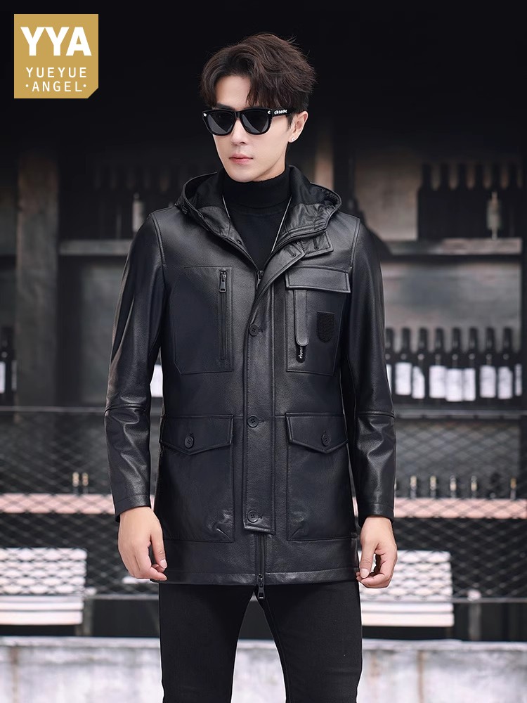 Leather Work Jacket With Hood - Winter Business Mannen Werken Mid Lange
