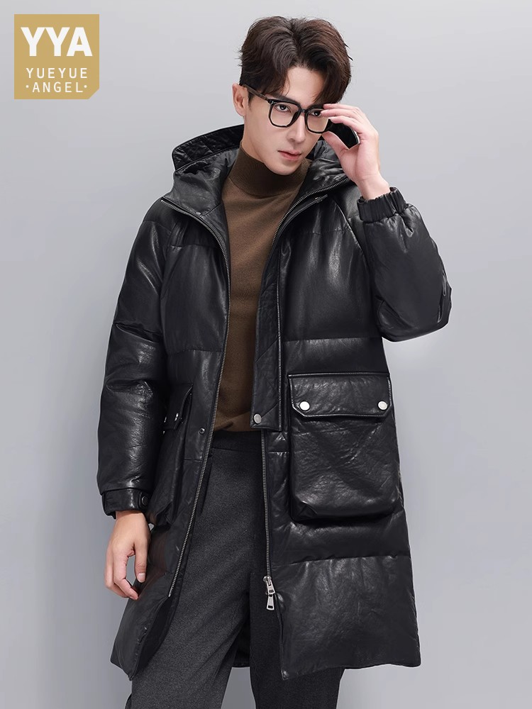 Leather Work Jacket With Hood - Winter Heren Warm Ganzendons Jas Met