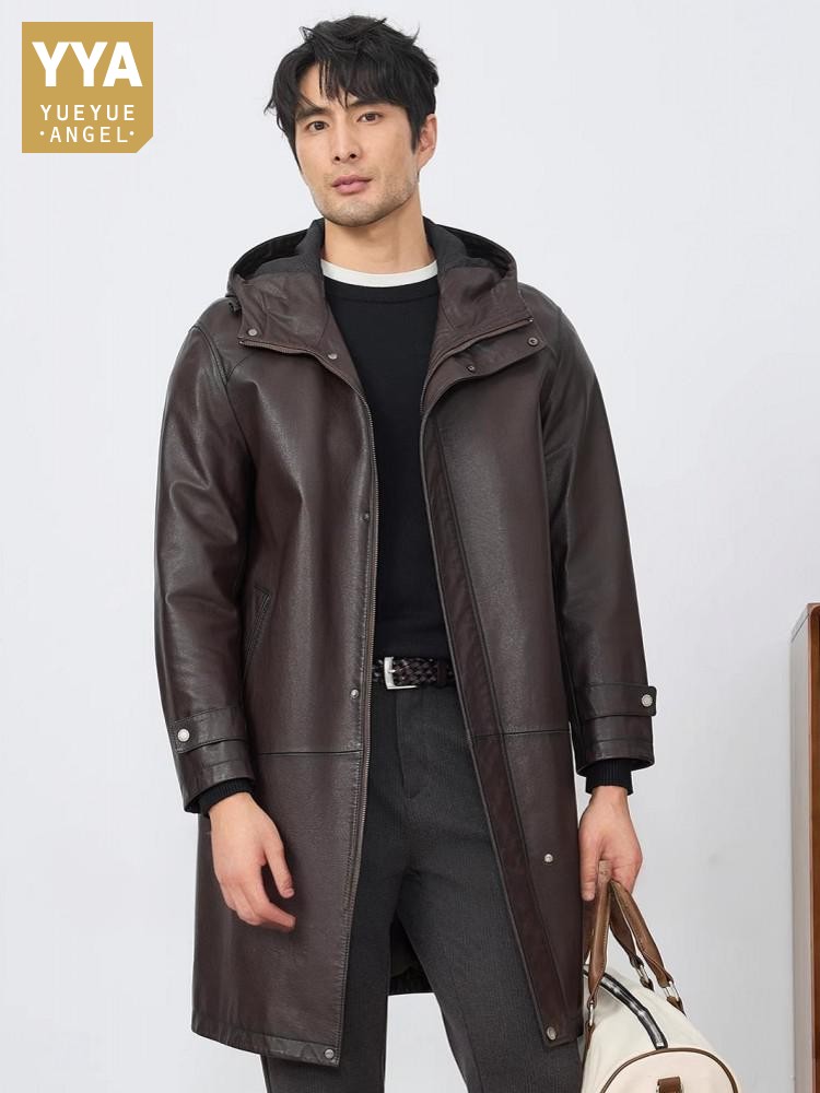 Leather Work Jacket With Hood - Mode Heren Herfst Nieuwe Koeienhuid Echt