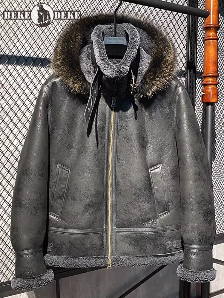 Leather Work Jacket With Hood - Heren winterjas van echt schapenleer met