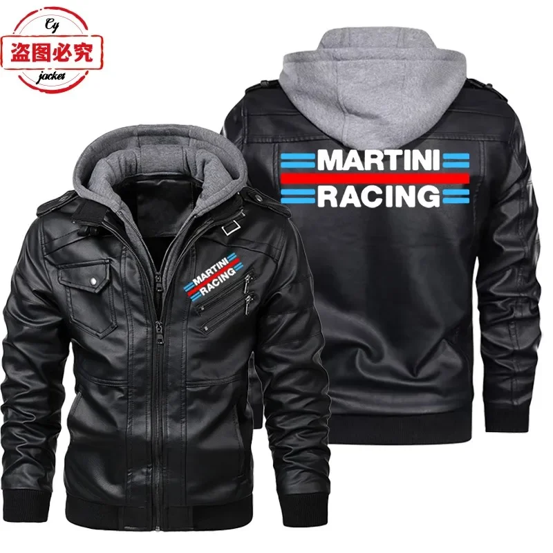 Leather Work Jacket With Hood - Martini Racing-logo bedrukt racepak PU-leren jas