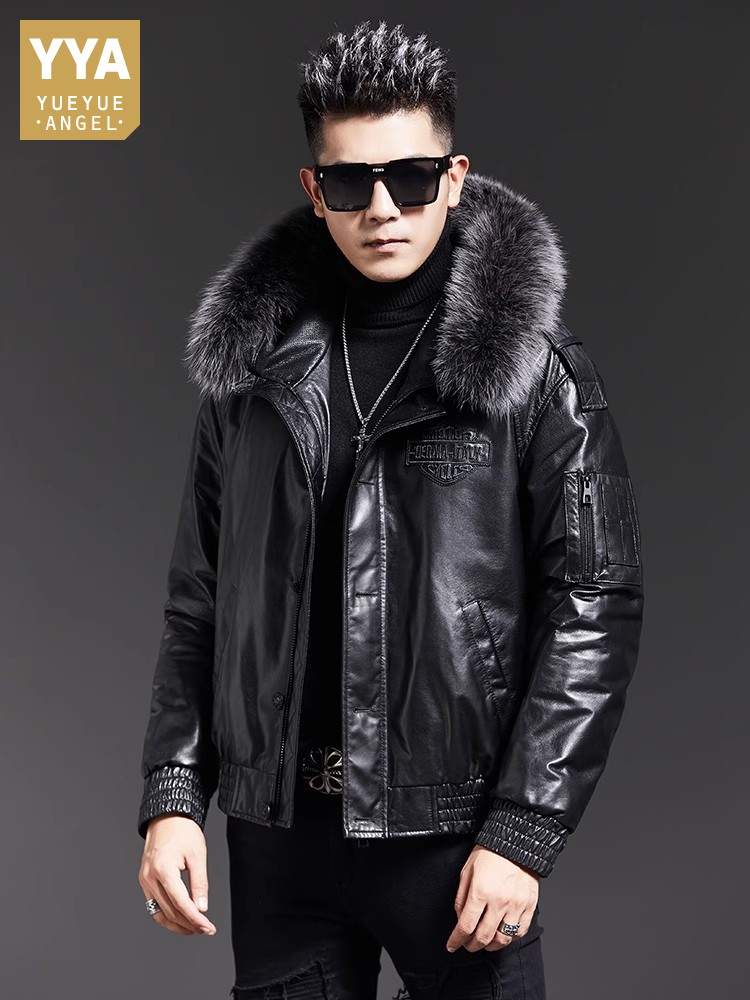 Leather Work Jacket With Hood - Mode Heren Winter Vos Bontkraag Capuchon