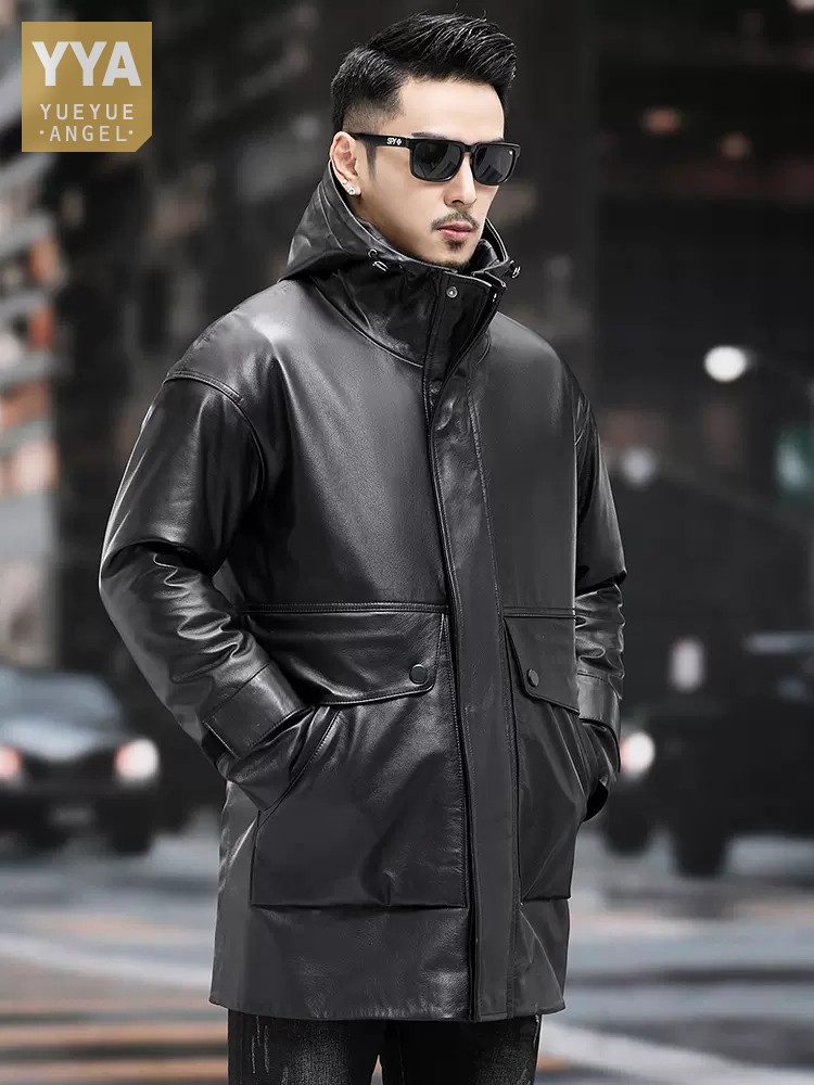 Leather Work Jacket With Hood - Winter Mannen Warm Werk Down Jas